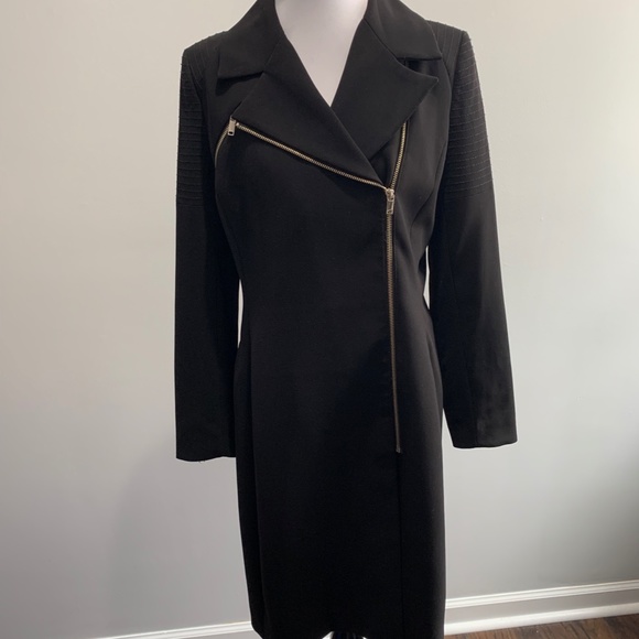 H&M black zip belted long jacket coat Trench SZ 8 Med M overcoat sash tie Moto - Picture 3 of 16